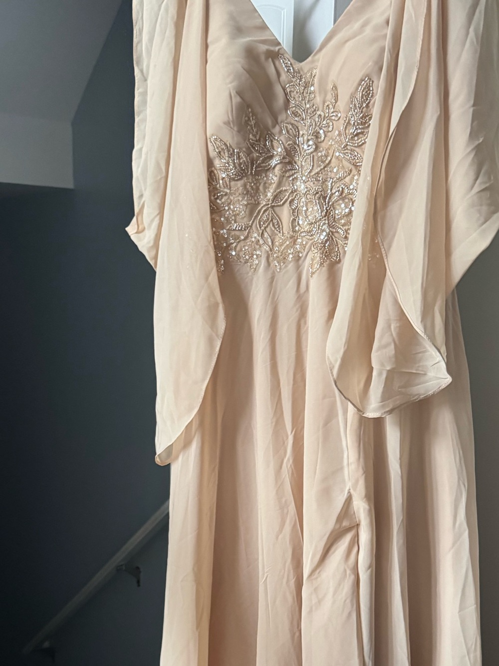 Elegant Cream V-Neck Evening Dress with Embellished Bodice
